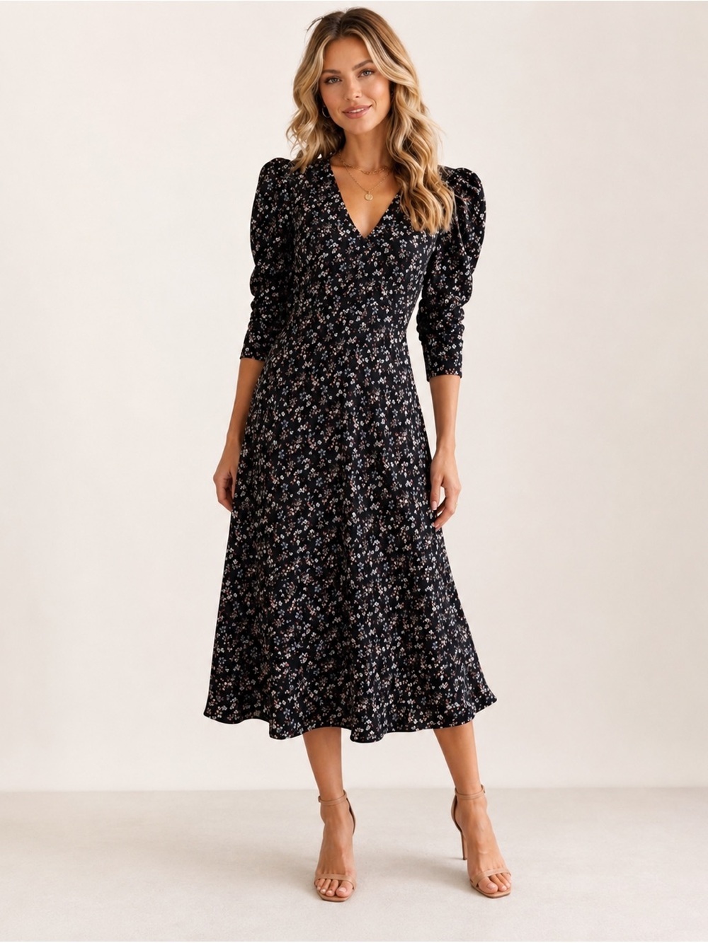 🩷2 for 40- ASTR The Label Black Floral Puff Sleeve Midi Dress Romantic V-Neck